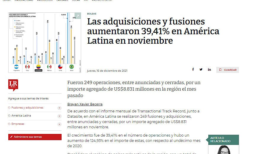 Las adquisiciones y fusiones aumentaron 39,41% en Amrica Latina en noviembre